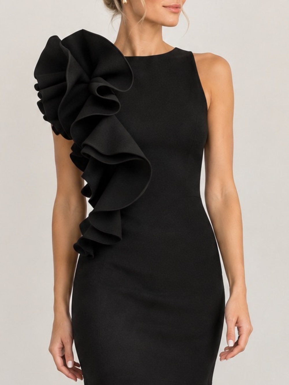 Betsy & Adam $249 Scuba One-Shoulder Asymmetric Ruffled Sheath Dress Black 4 EUC
